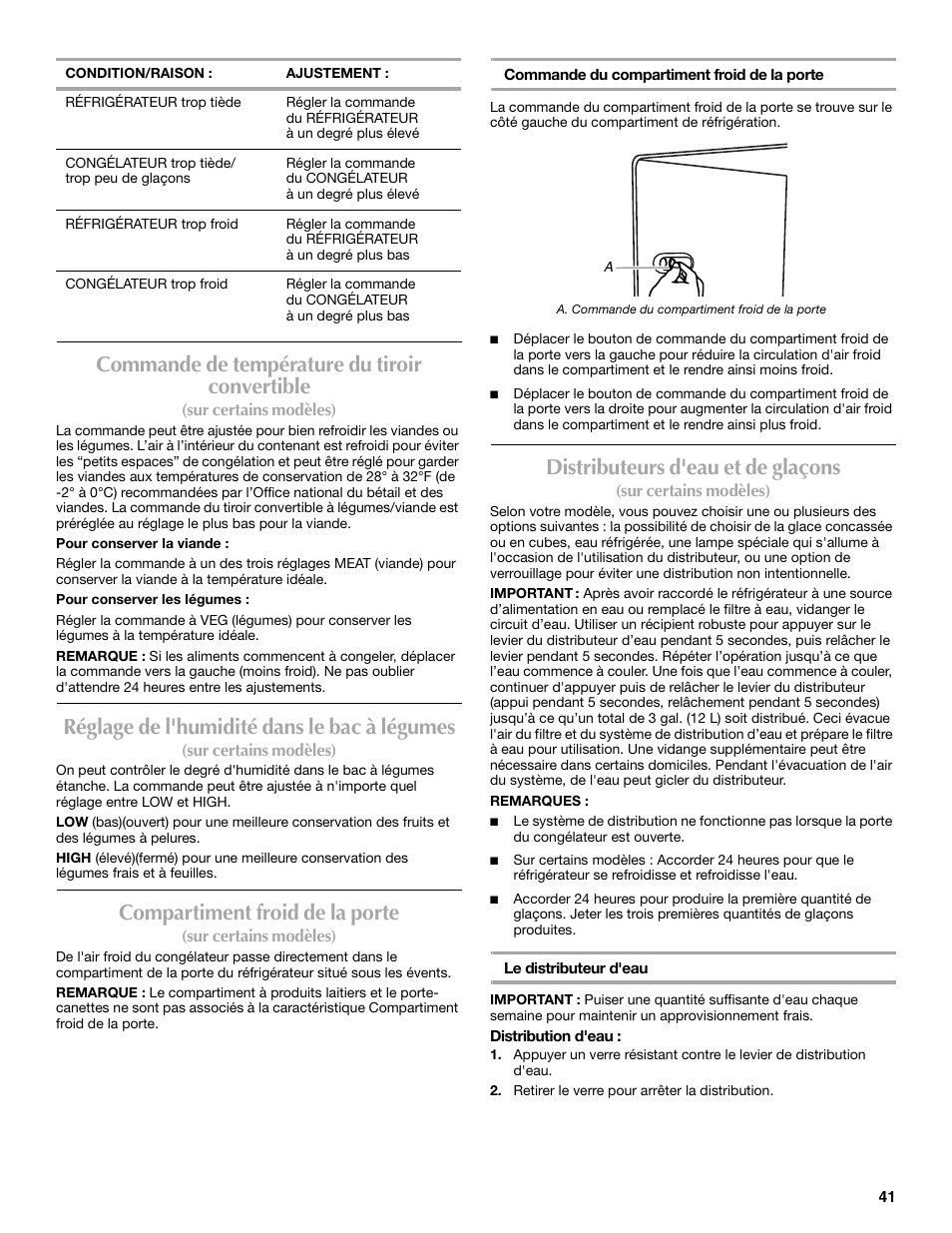 Commande de température du tiroir convertible, Réglage de l'humidité dans le bac à légumes, Compartiment froid de la porte | Distributeurs d'eau et de glaçons | Maytag MSF22C2EXW User Manual | Page 41 / 54