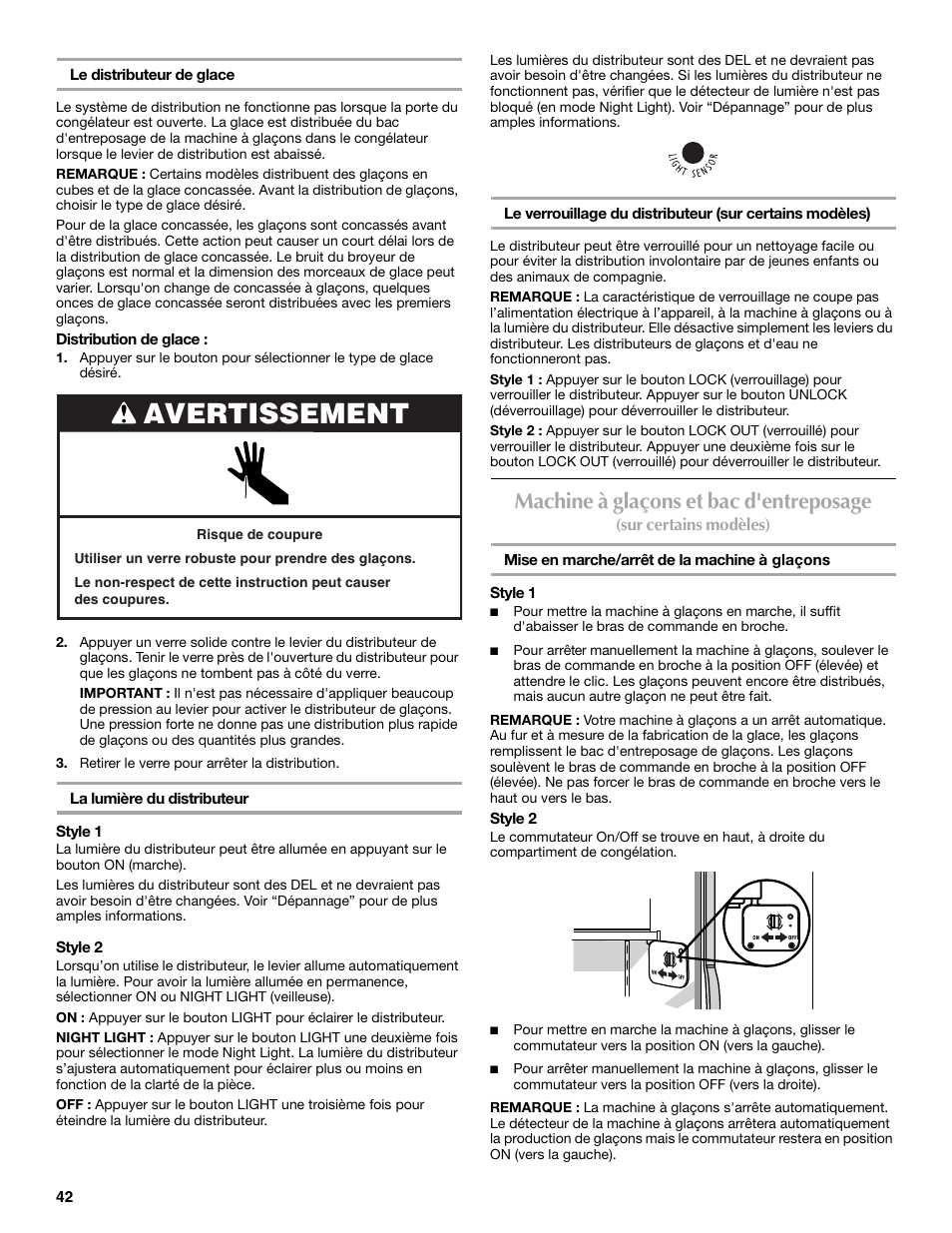 Avertissement, Machine à glaçons et bac d'entreposage | Maytag MSF22C2EXW User Manual | Page 42 / 54