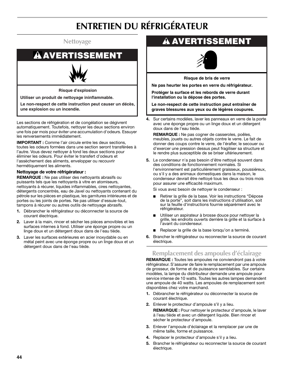 Entretien du réfrigérateur, Avertissement, Nettoyage | Remplacement des ampoules d’éclairage | Maytag MSF22C2EXW User Manual | Page 44 / 54