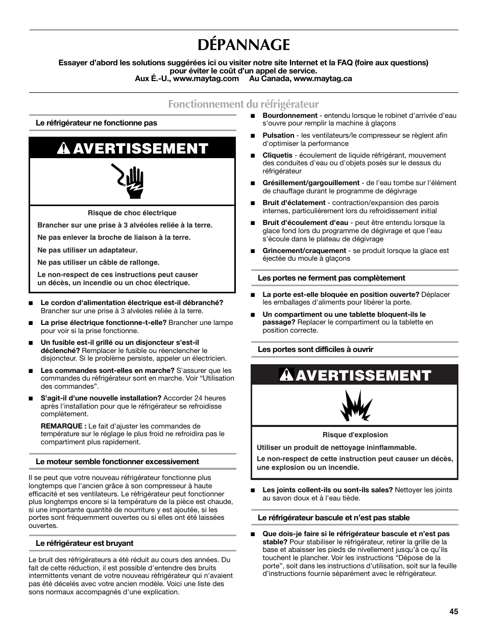 Dépannage, Avertissement, Fonctionnement du réfrigérateur | Maytag MSF22C2EXW User Manual | Page 45 / 54