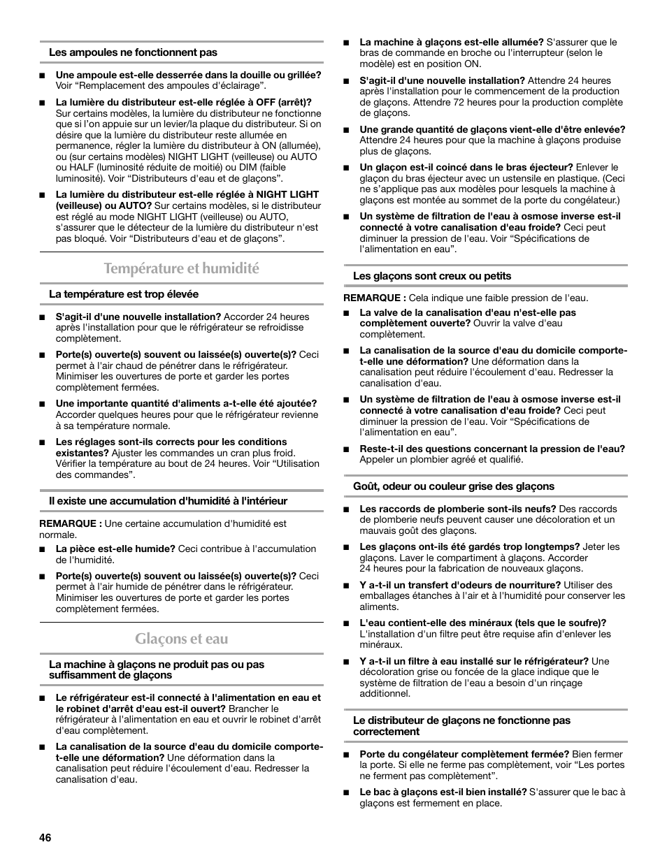 Température et humidité, Glaçons et eau | Maytag MSF22C2EXW User Manual | Page 46 / 54