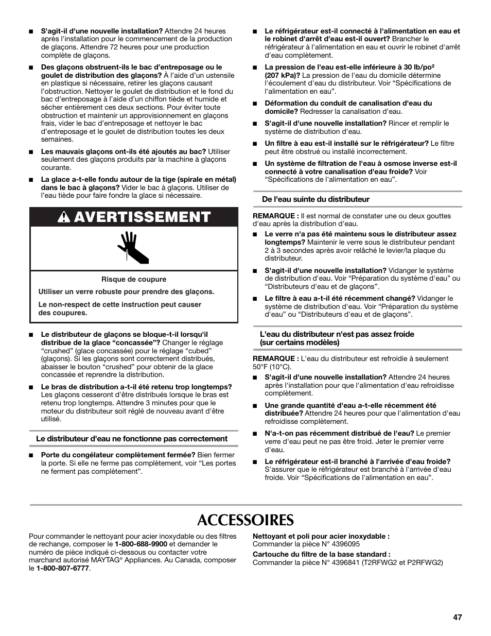Accessoires, Avertissement | Maytag MSF22C2EXW User Manual | Page 47 / 54