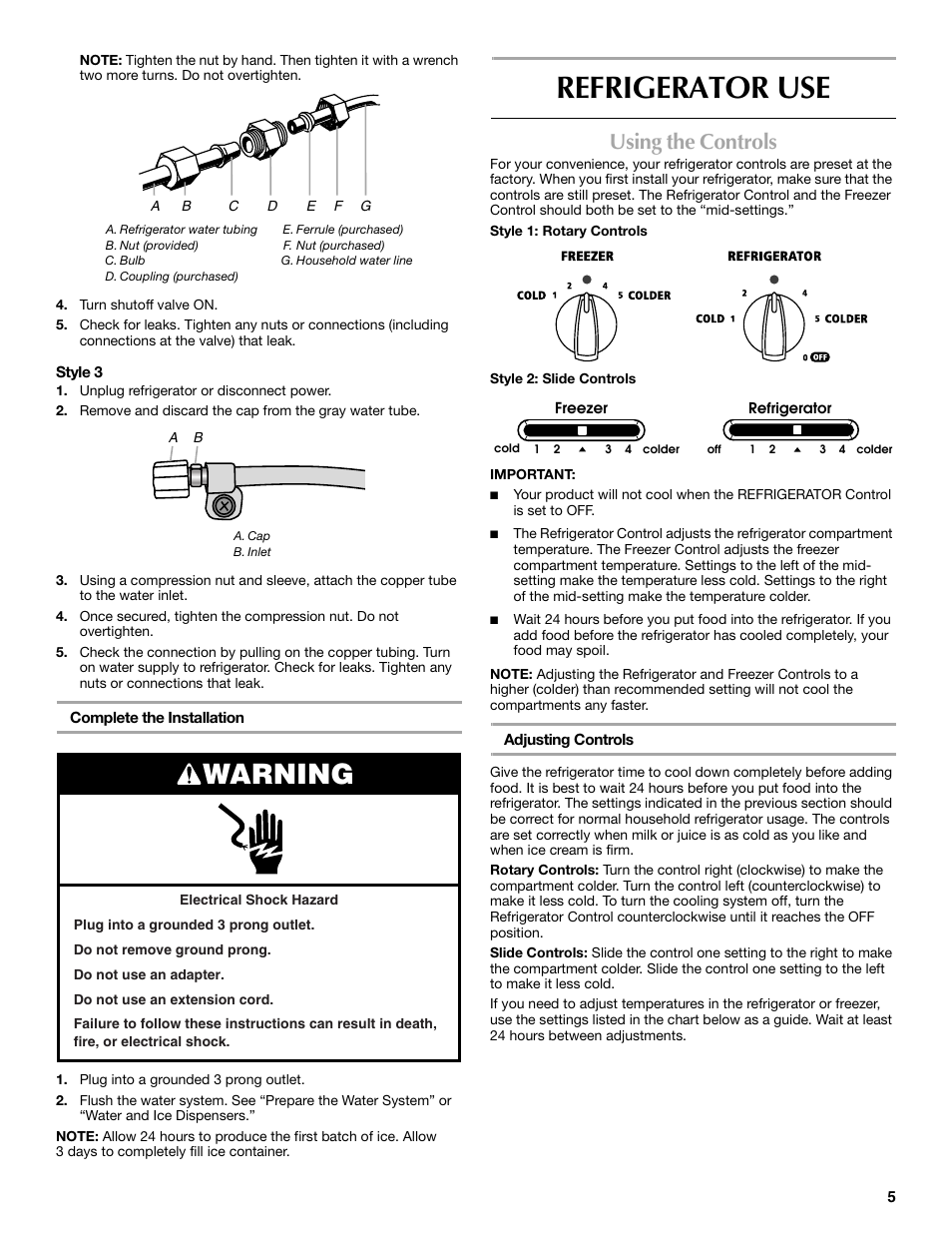 Refrigerator use, Warning, Using the controls | Maytag MSF22C2EXW User Manual | Page 5 / 54