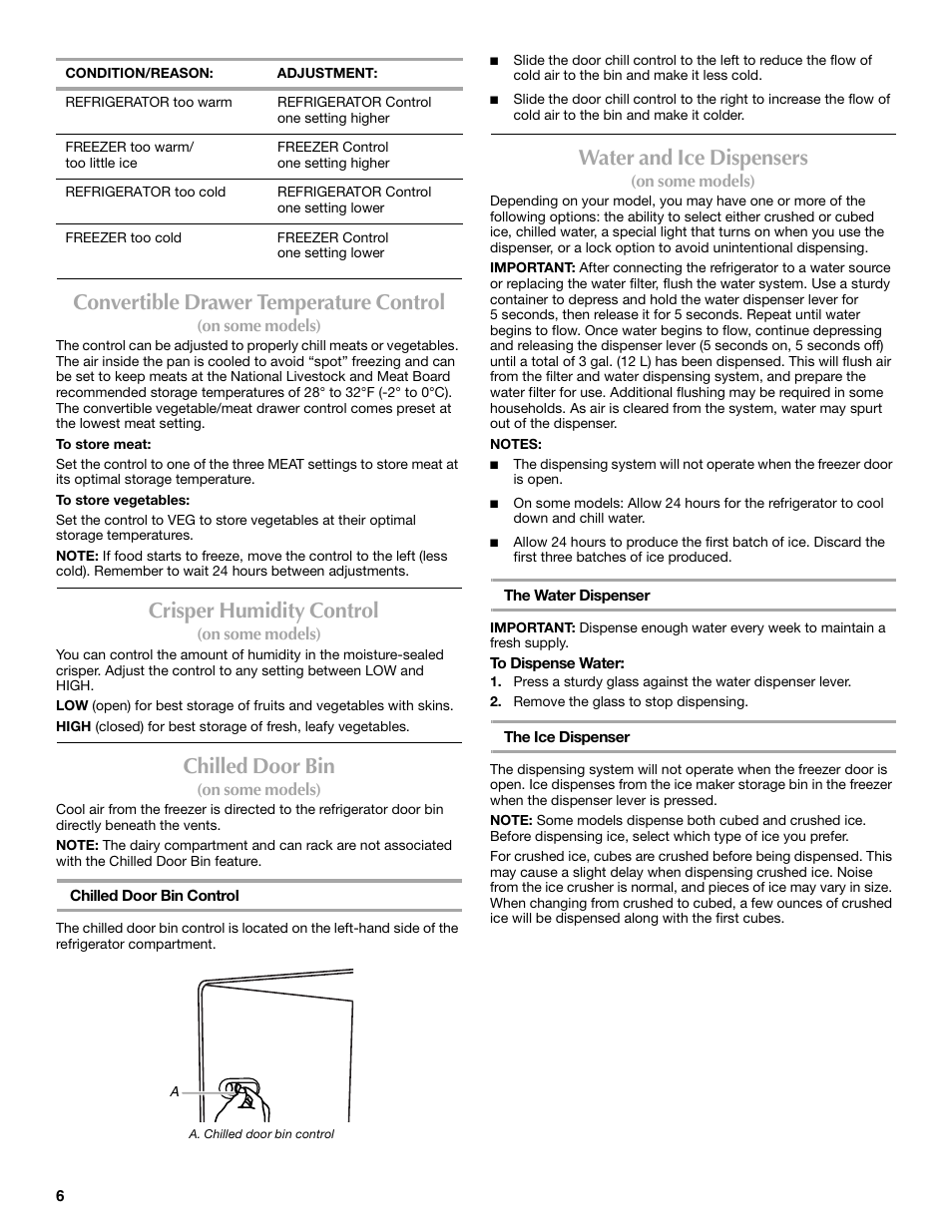 Convertible drawer temperature control, Crisper humidity control, Chilled door bin | Water and ice dispensers | Maytag MSF22C2EXW User Manual | Page 6 / 54