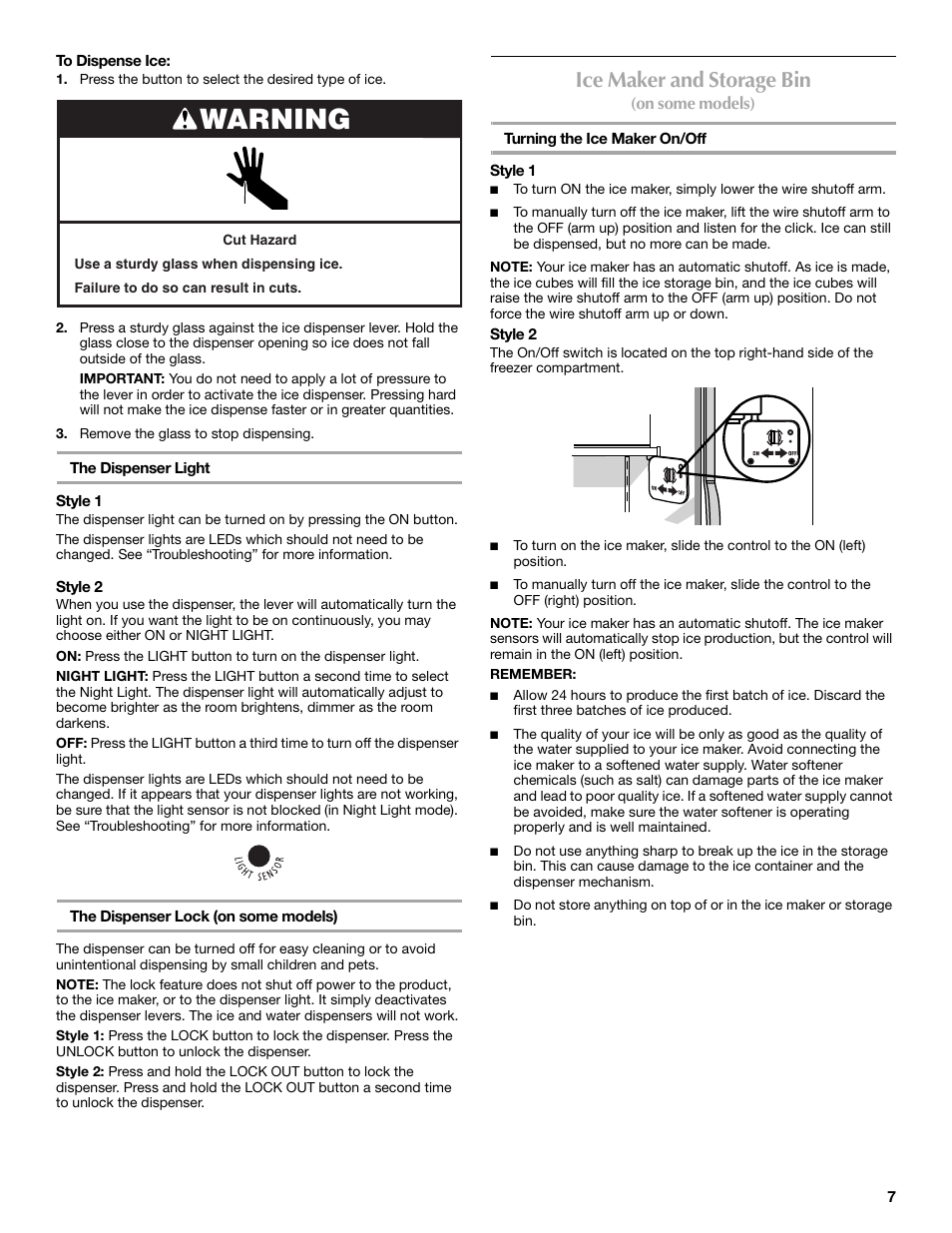 Warning, Ice maker and storage bin | Maytag MSF22C2EXW User Manual | Page 7 / 54