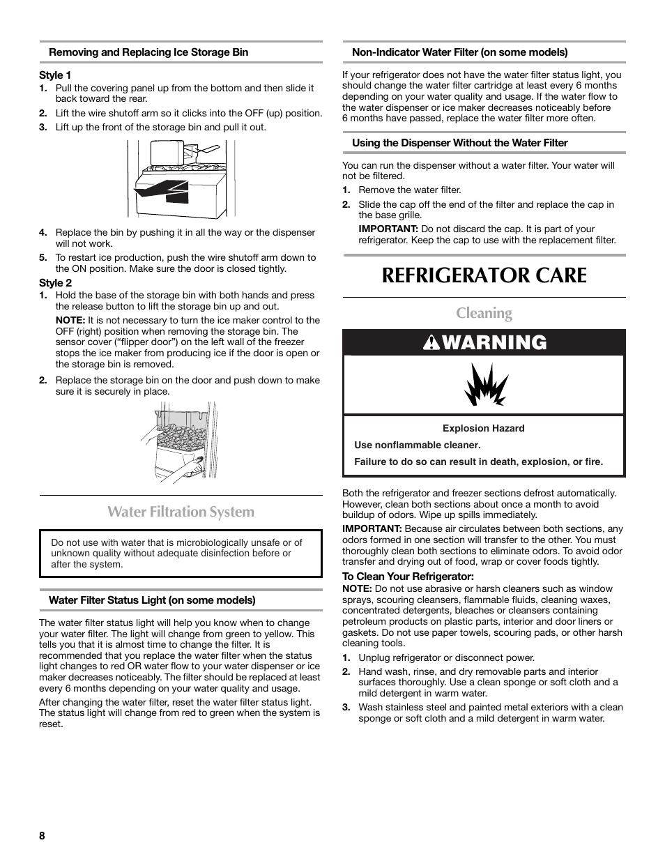Refrigerator care, Warning, Water filtration system | Cleaning | Maytag MSF22C2EXW User Manual | Page 8 / 54