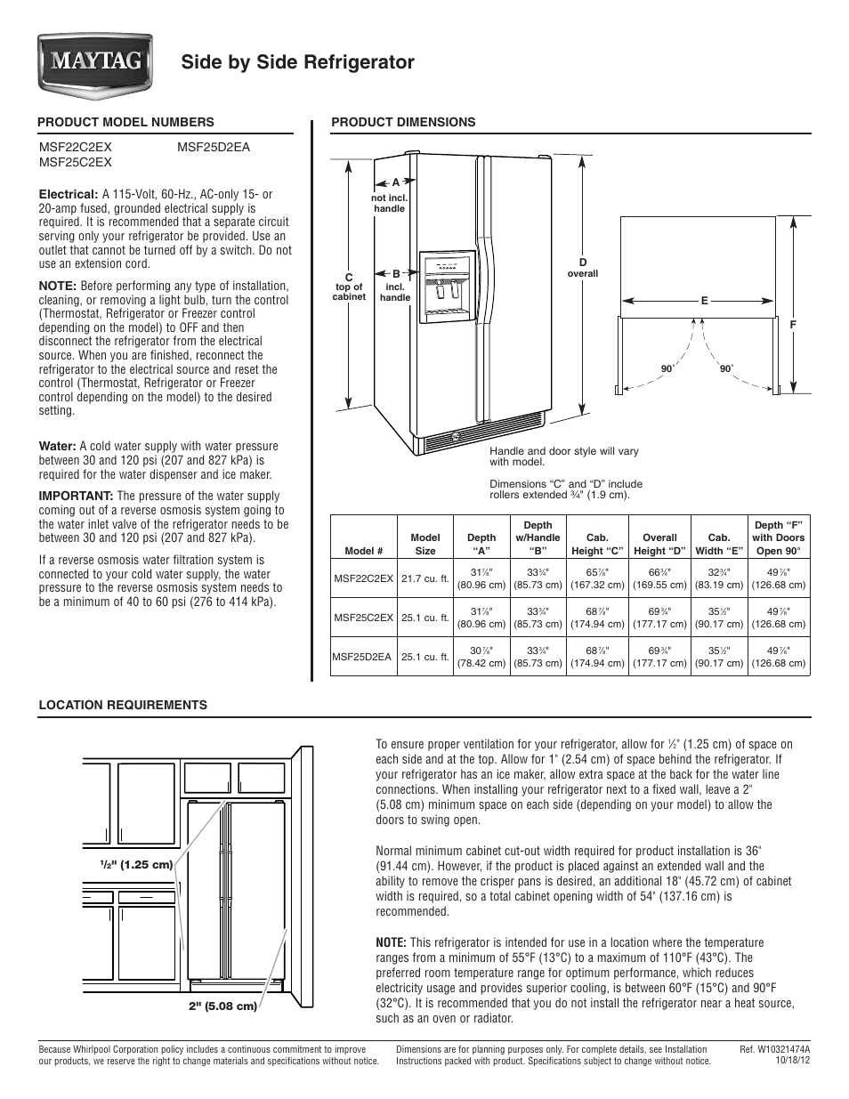 Maytag MSF22C2EXW Dimension Guide User Manual | 1 page