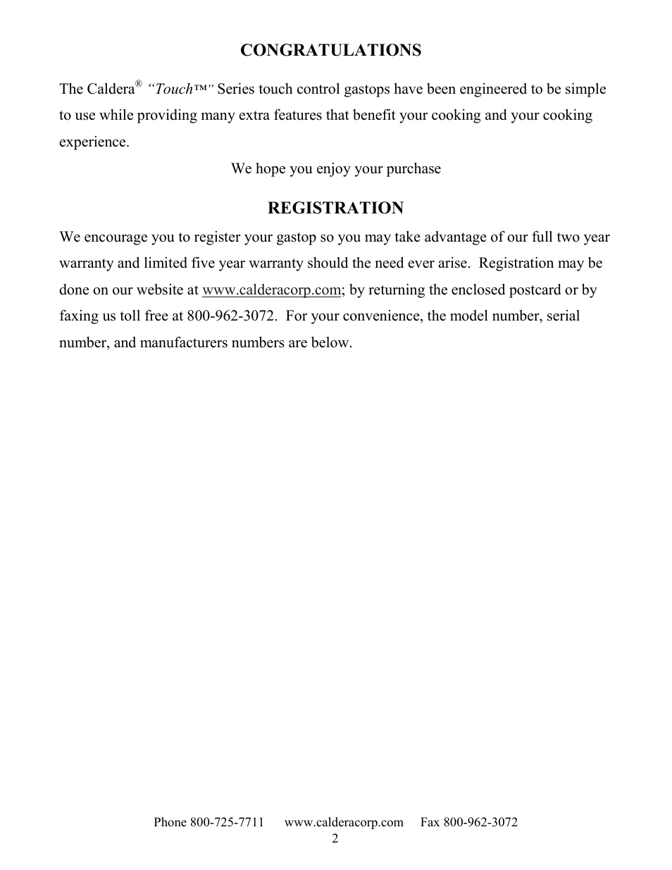 We hope you enjoy your purchase, Registration | Caldera SST305 User Manual | Page 2 / 12