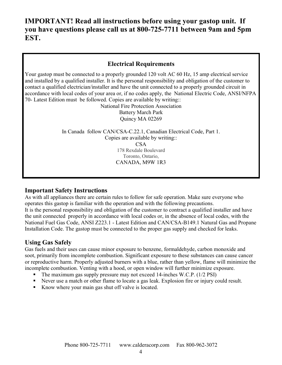 Electrical requirements, Important safety instructions, Using gas safely | Caldera SST305 User Manual | Page 4 / 12