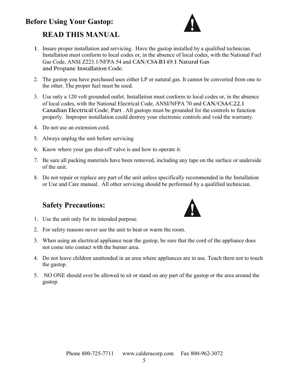 Before using your gastop: read this manual, Safety precautions | Caldera SST305 User Manual | Page 5 / 12