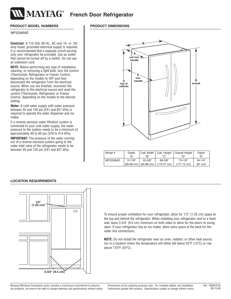 Maytag MFI2266AEB Dimension Guide User Manual | 1 page