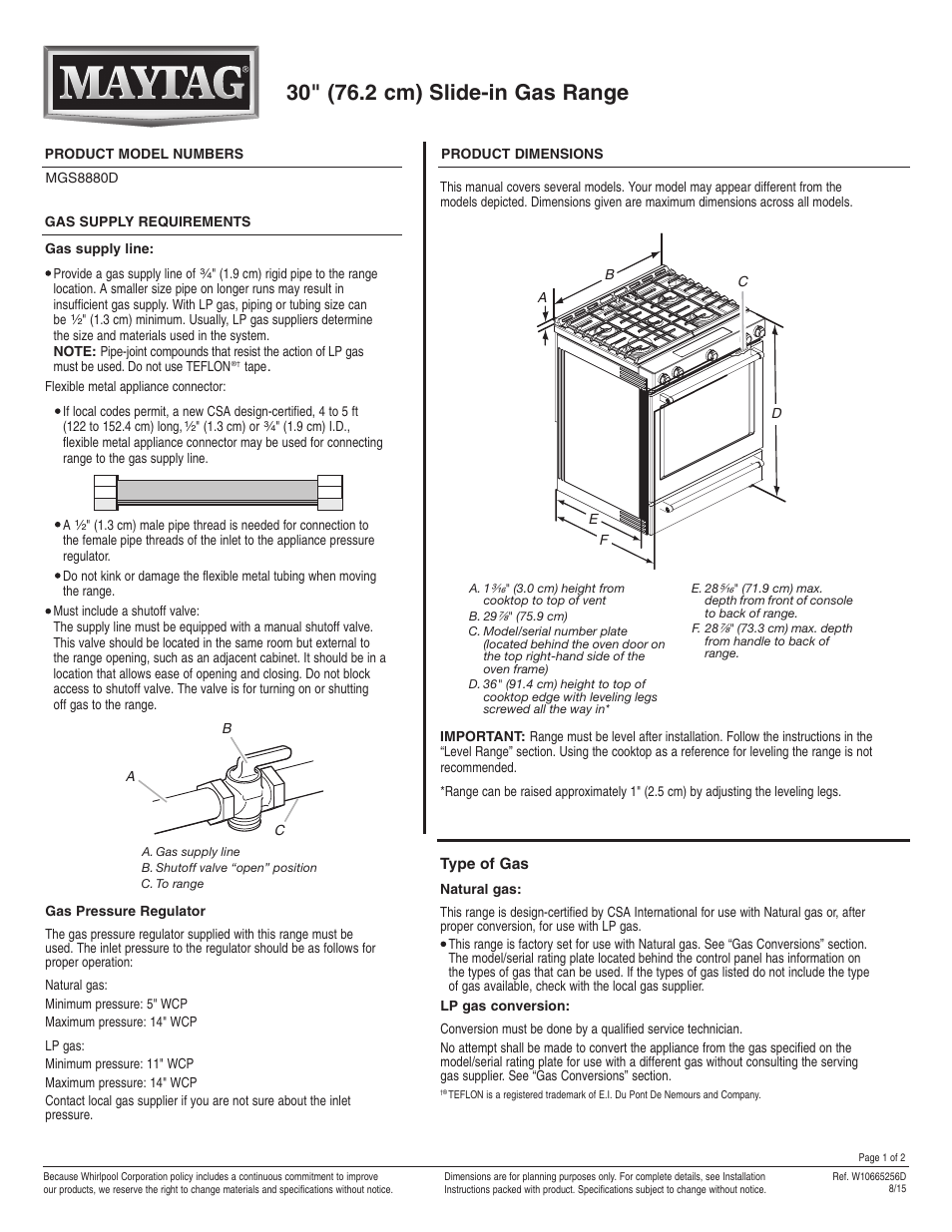 Maytag MGS8880DS Dimension Guide User Manual | 2 pages