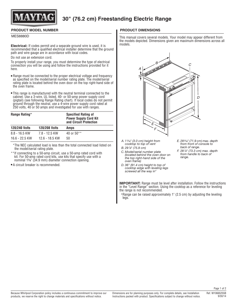 Maytag MES8880DS Dimension Guide User Manual | 2 pages