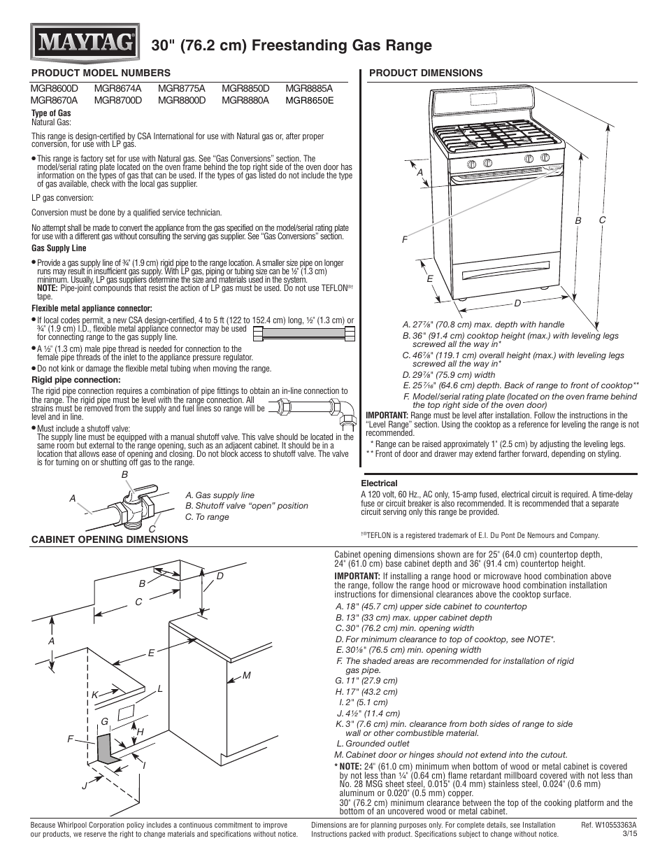 Maytag MGR8650ES Dimension Guide User Manual | 1 page