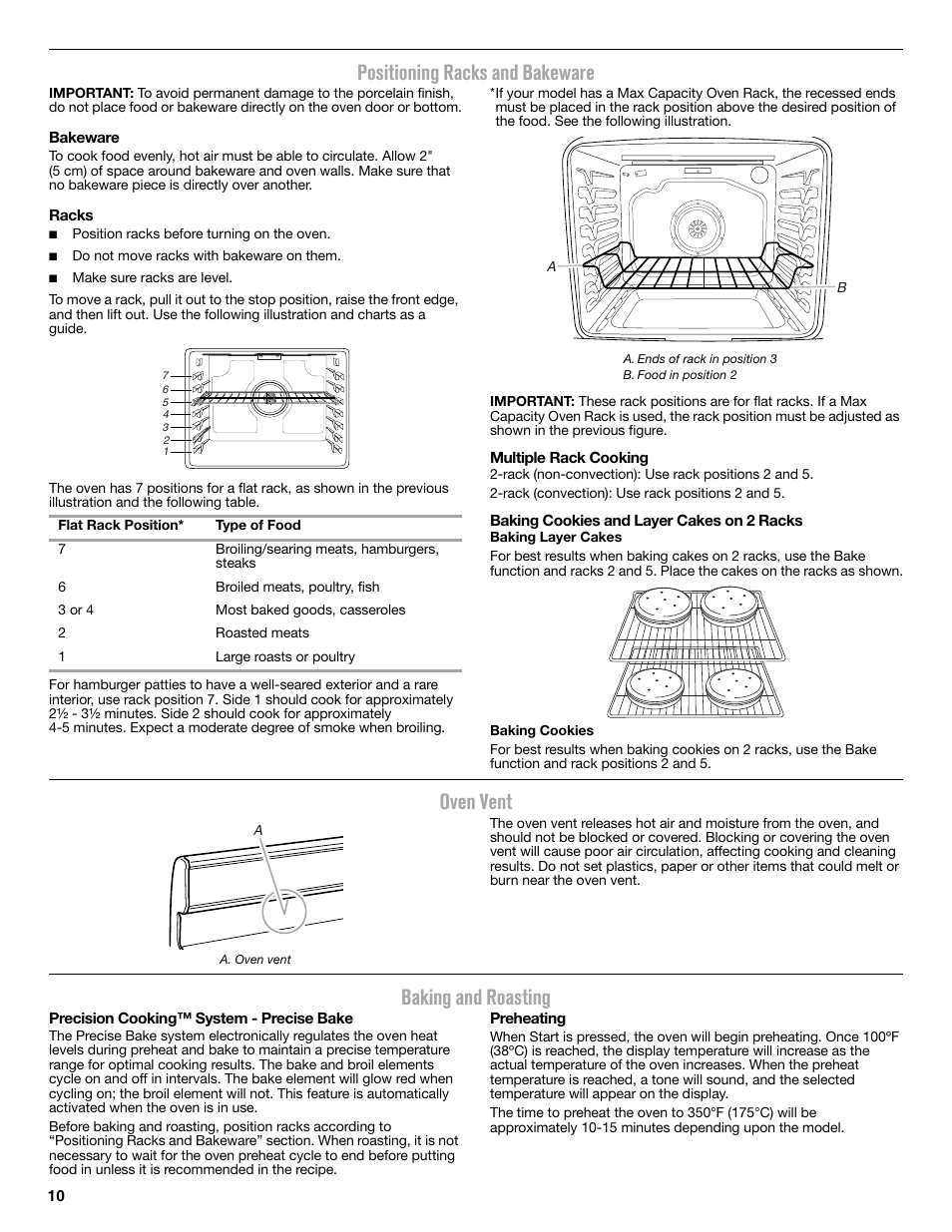 Positioning racks and bakeware, Oven vent, Baking and roasting | Maytag MER8650ES User Manual | Page 10 / 20