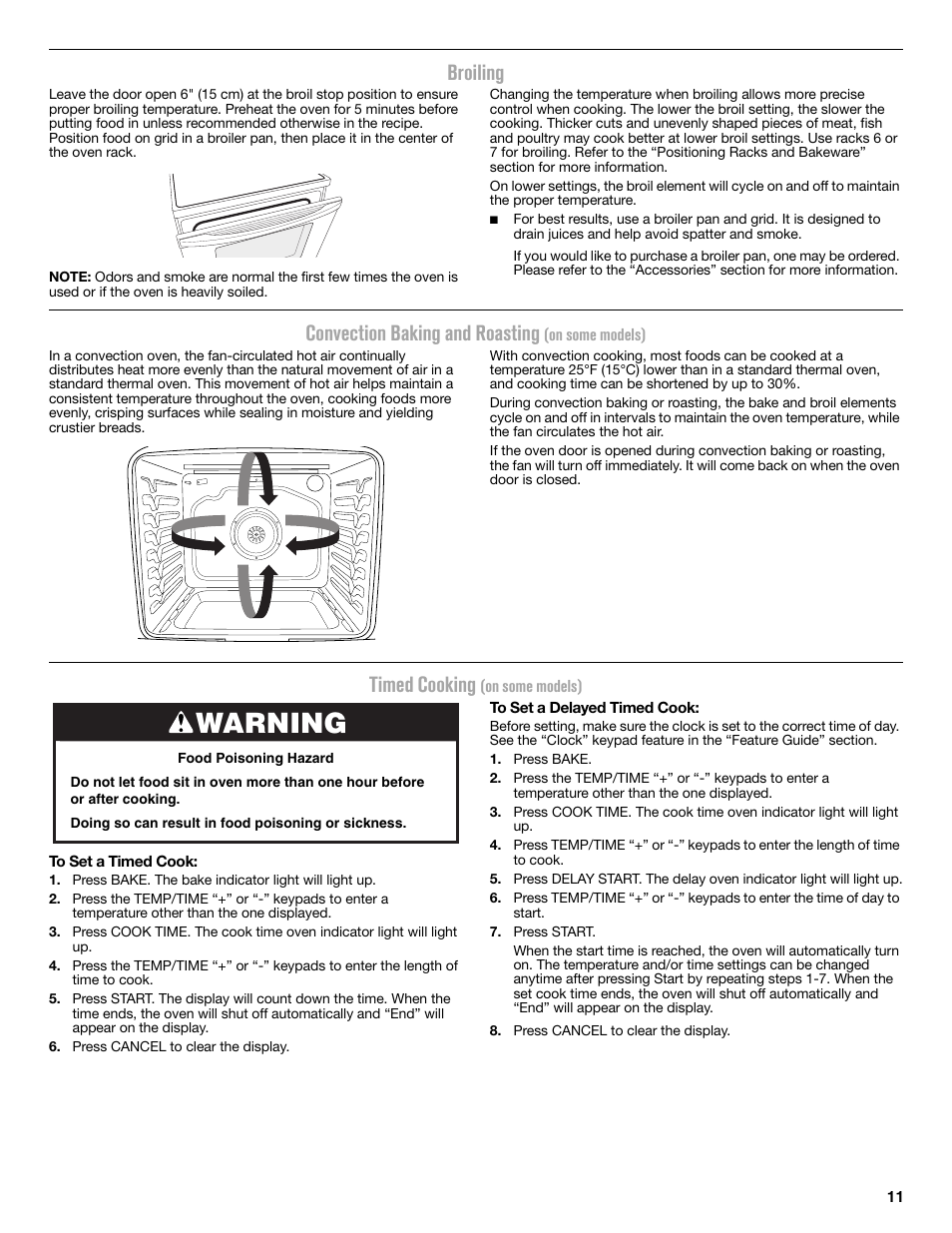 Broiling, Convection baking and roasting (on some models), Timed cooking (on some models) | Warning, Convection baking and roasting, Timed cooking | Maytag MER8650ES User Manual | Page 11 / 20