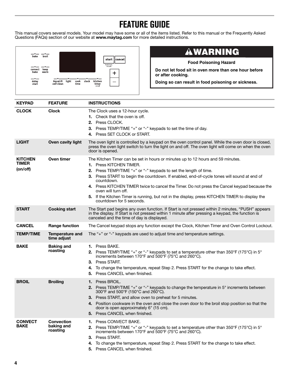 Feature guide, Warning | Maytag MER8650ES User Manual | Page 4 / 20