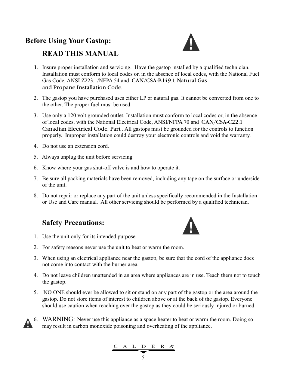 Before using your gastop: read this manual, Safety precautions | Caldera GT305 User Manual | Page 5 / 12