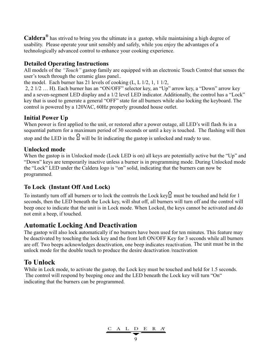 Automatic locking and deactivation | Caldera GT305 User Manual | Page 9 / 12