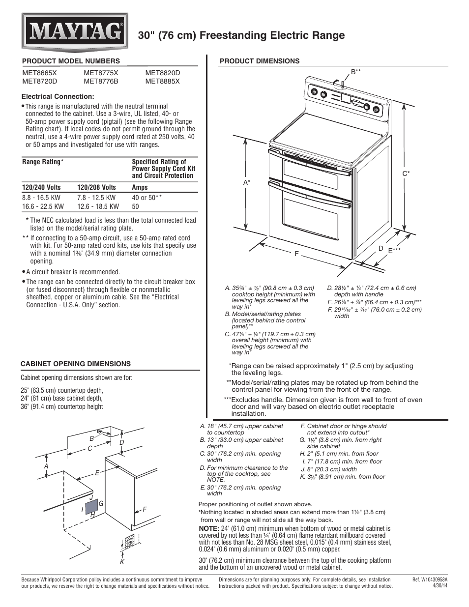 Maytag MET8820DS Dimension Guide User Manual | 1 page