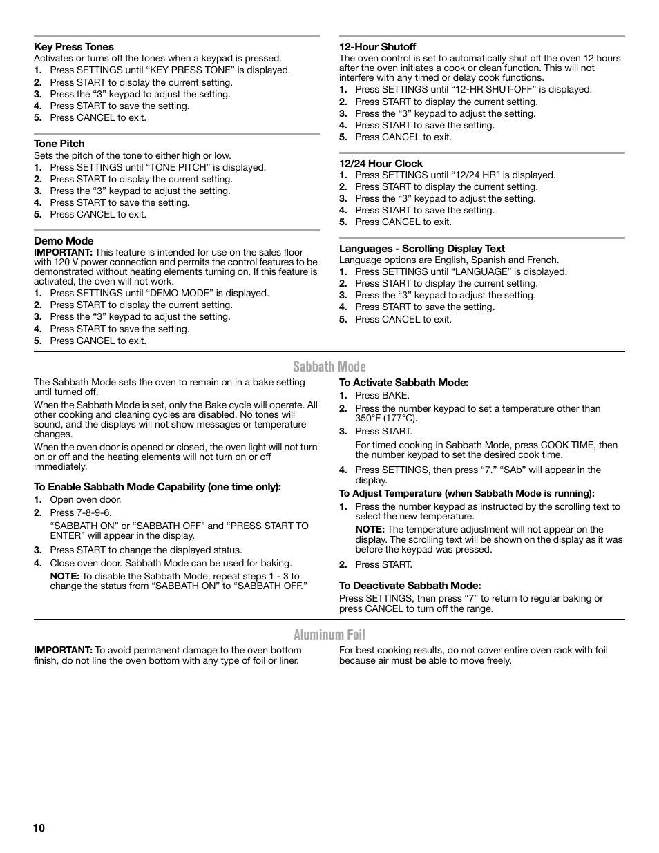 Sabbath mode, Aluminum foil | Maytag MER8850DS User Manual | Page 10 / 20