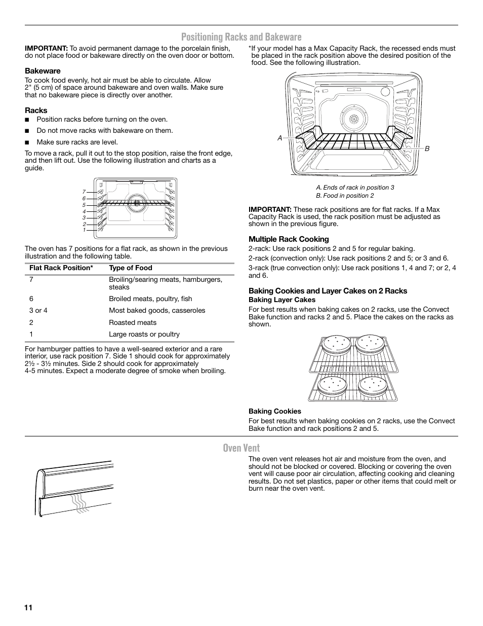 Positioning racks and bakeware, Oven vent | Maytag MER8850DS User Manual | Page 11 / 20
