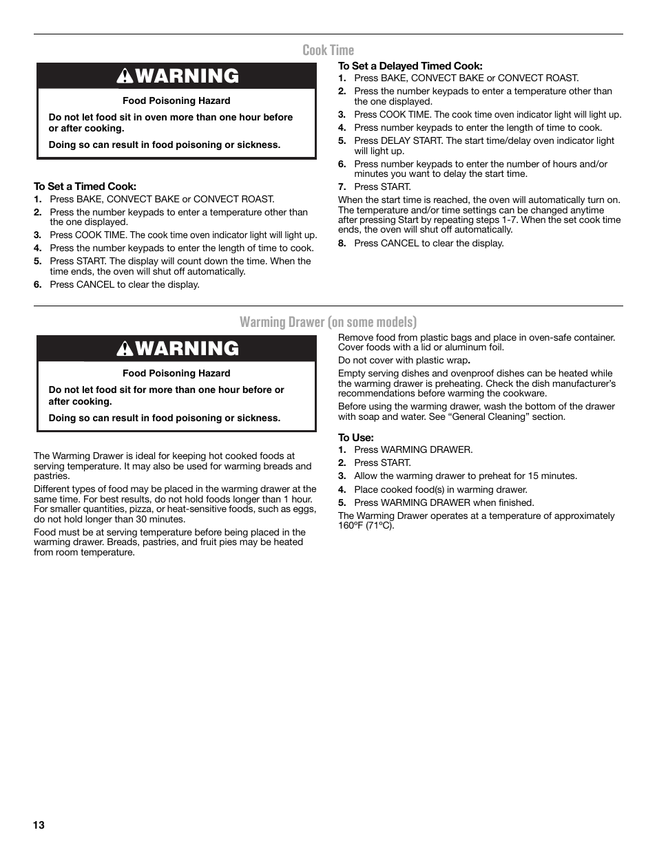 Warning, Cook time, Warming drawer (on some models) | Maytag MER8850DS User Manual | Page 13 / 20