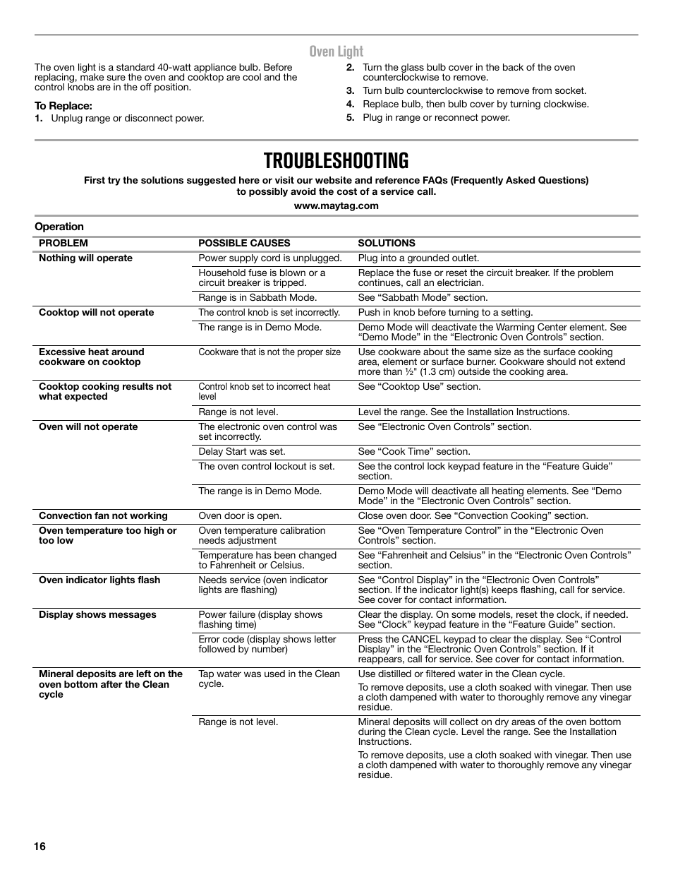 Troubleshooting, Oven light | Maytag MER8850DS User Manual | Page 16 / 20