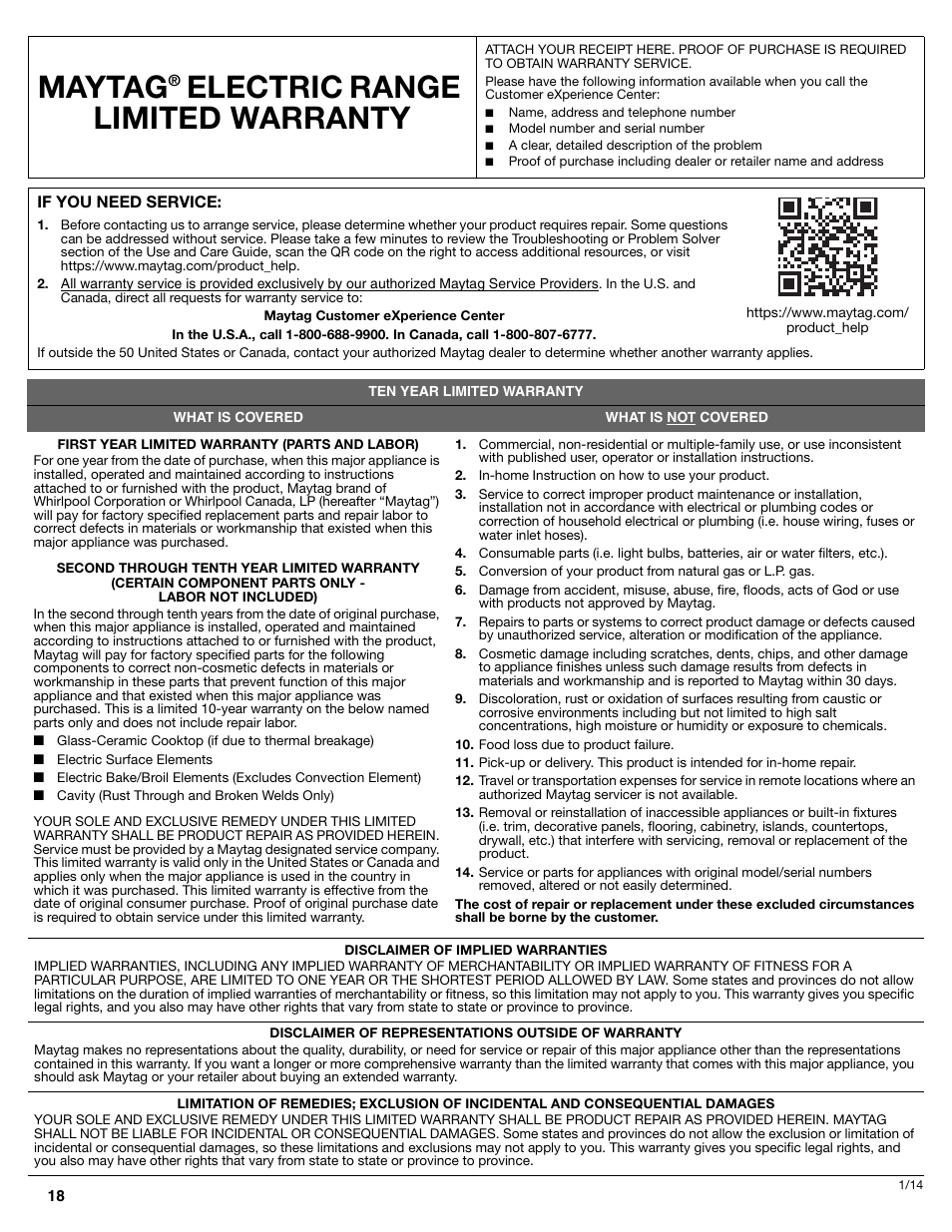 Maytag, Electric range limited warranty | Maytag MER8850DS User Manual | Page 18 / 20