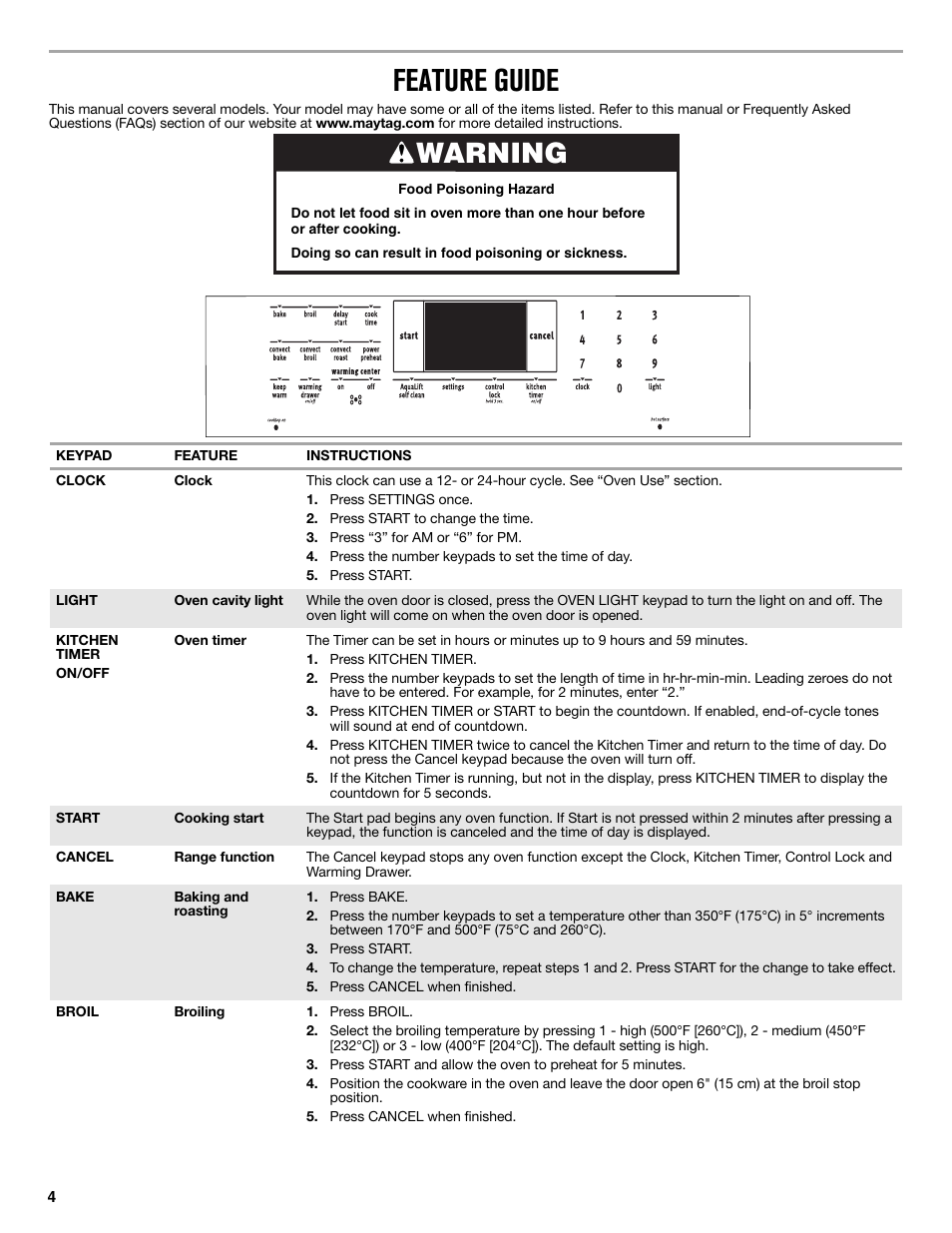 Feature guide, Warning | Maytag MER8850DS User Manual | Page 4 / 20