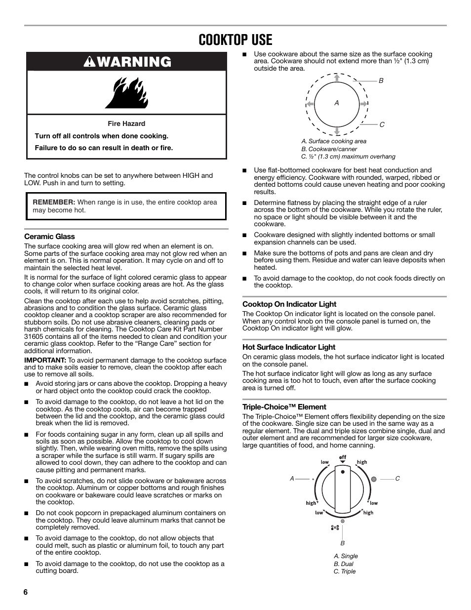 Cooktop use, Warning | Maytag MER8850DS User Manual | Page 6 / 20