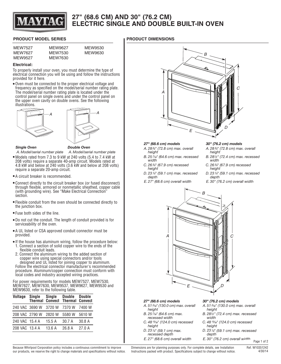 Maytag MEW9627DS Dimension Guide User Manual | 2 pages