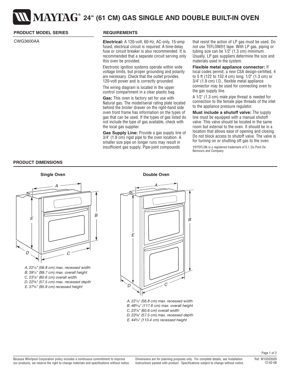 Maytag CWG3600AAS Dimension Guide User Manual | 2 pages