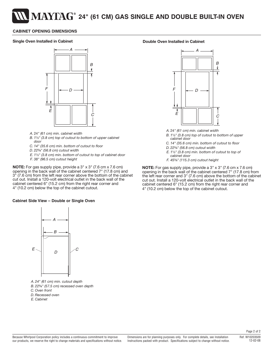 24" (61 cm) gas single and double built-in oven | Maytag CWG3600AAS Dimension Guide User Manual | Page 2 / 2