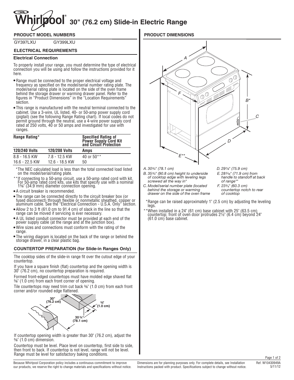 Maytag GY399LXUS Dimension Guide User Manual | 2 pages