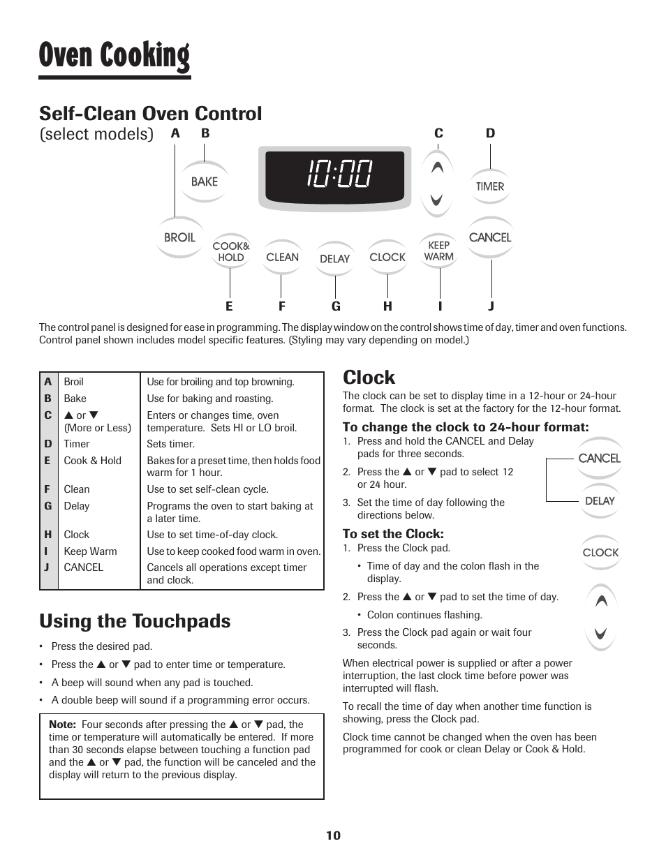 Oven cooking, Self-clean oven control, Using the touchpads | Clock, Select models) | Maytag JW9633 User Manual | Page 11 / 80