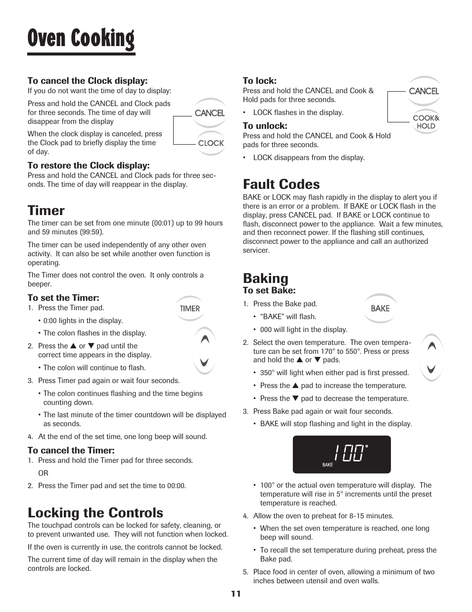 Oven cooking, Timer, Locking the controls | Fault codes, Baking | Maytag JW9633 User Manual | Page 12 / 80