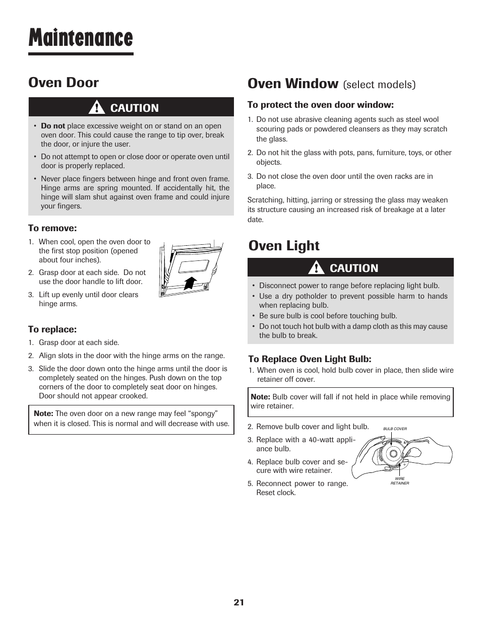 Maintenance, Oven door, Oven window | Oven light, Caution, Select models) | Maytag JW9633 User Manual | Page 22 / 80