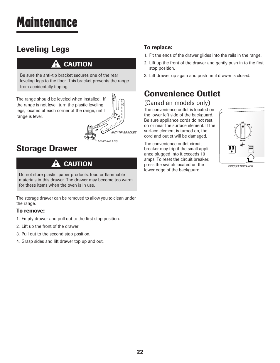 Maintenance, Storage drawer, Convenience outlet | Leveling legs, Caution, Canadian models only) | Maytag JW9633 User Manual | Page 23 / 80