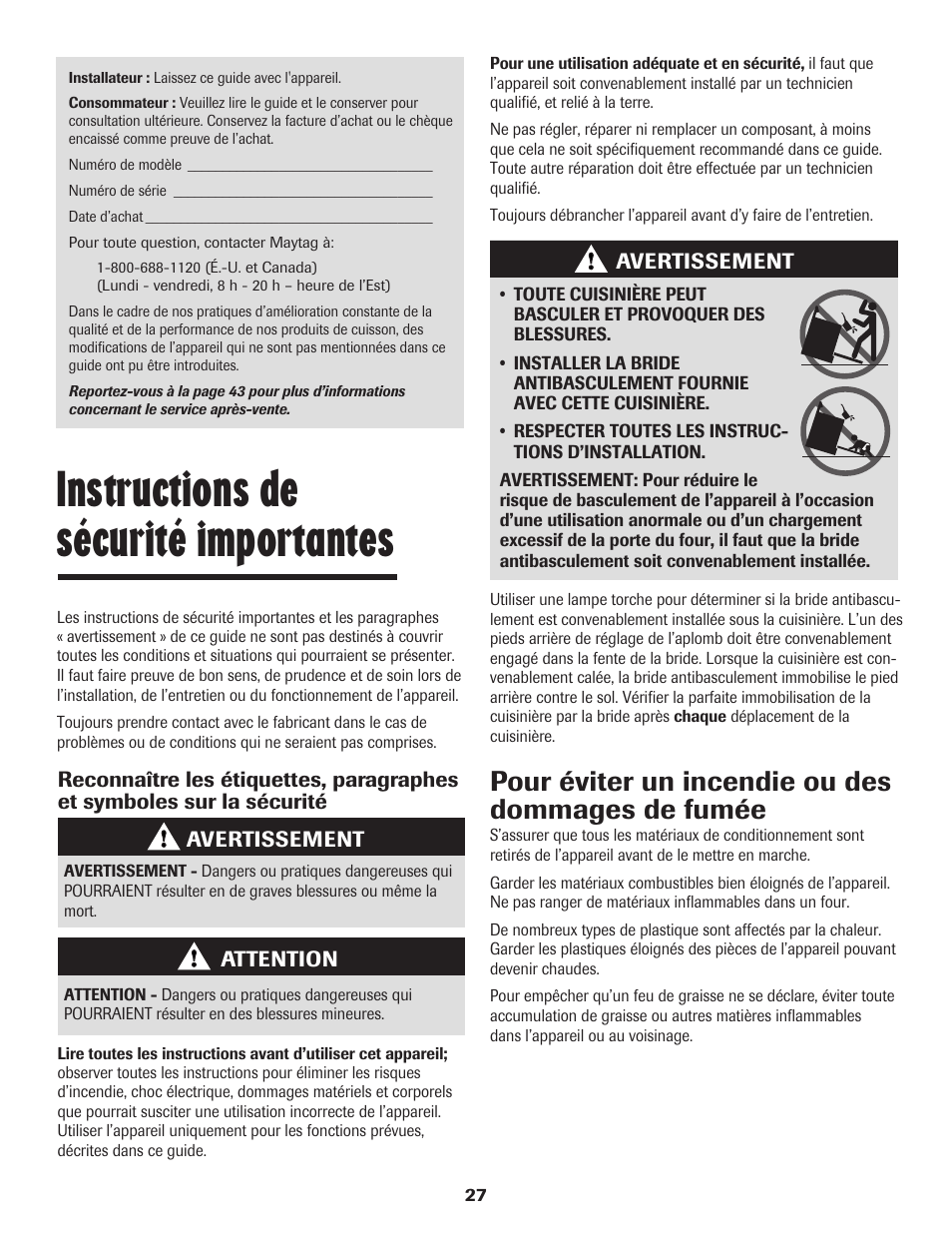 Instructions de sécurité importantes, Pour éviter un incendie ou des dommages de fumée | Maytag JW9633 User Manual | Page 28 / 80