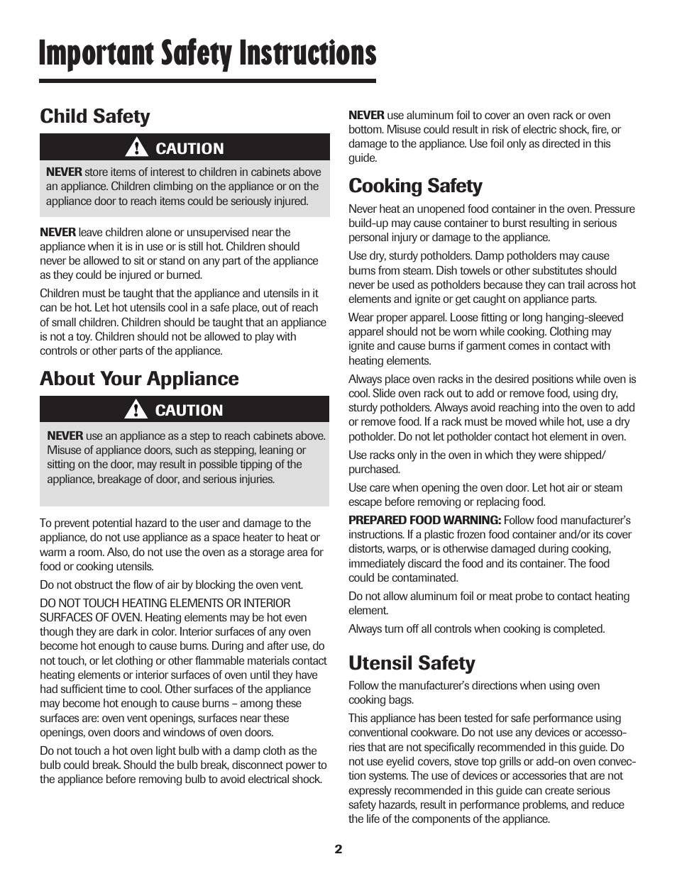 Important safety instructions, About your appliance, Cooking safety | Utensil safety, Child safety | Maytag JW9633 User Manual | Page 3 / 80