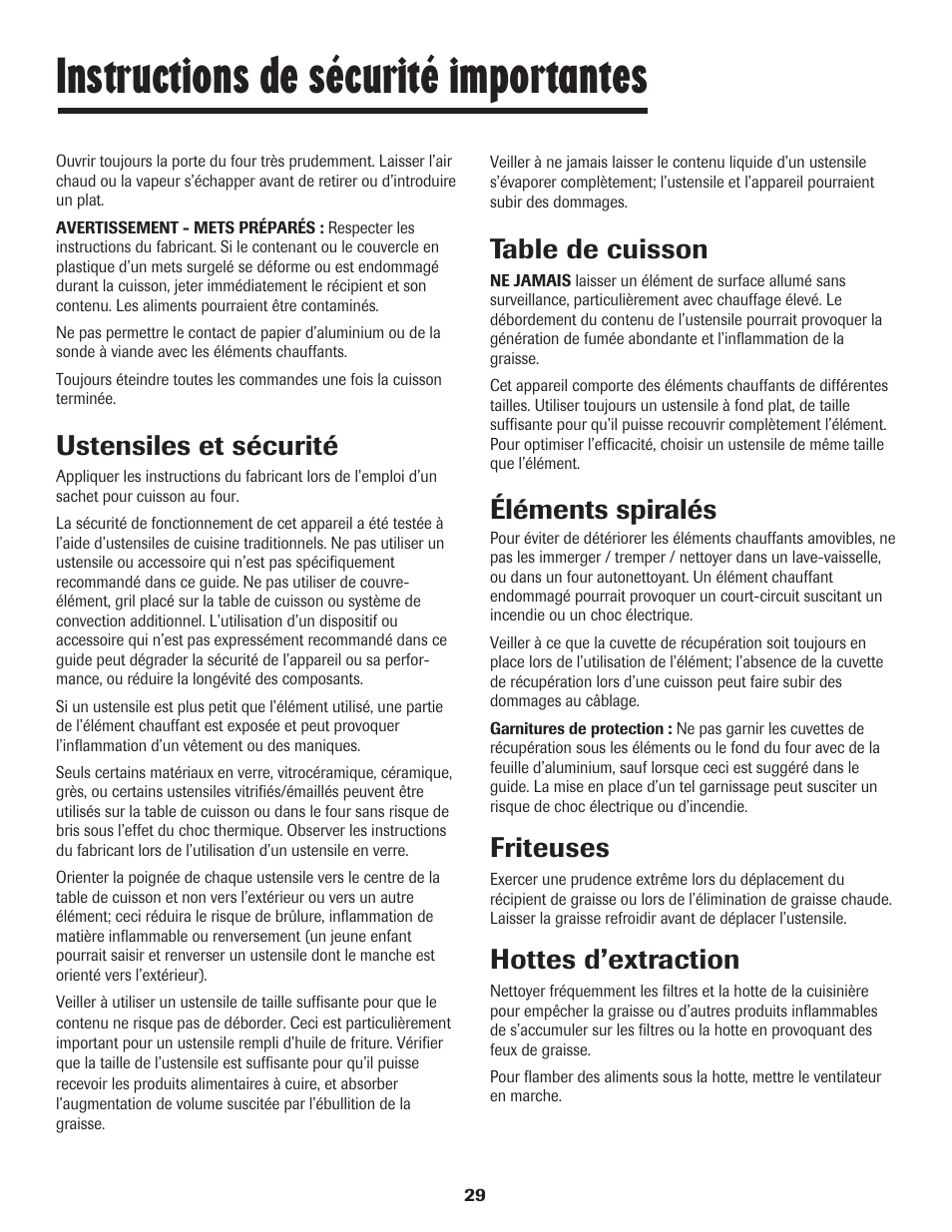 Instructions de sécurité importantes, Ustensiles et sécurité, Table de cuisson | Éléments spiralés, Friteuses, Hottes d’extraction | Maytag JW9633 User Manual | Page 30 / 80