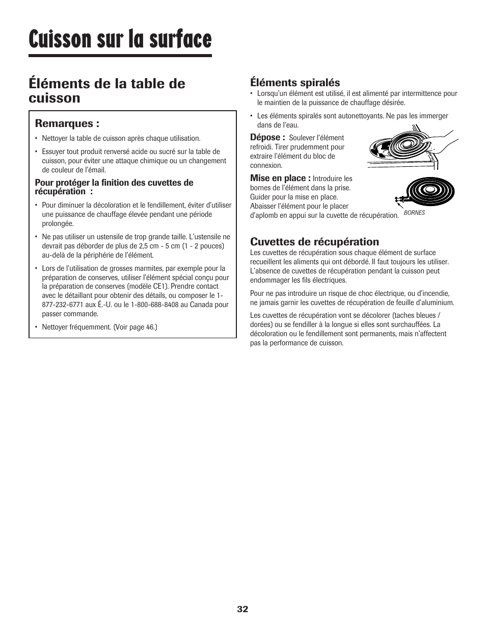 Cuisson sur la surface, Éléments de la table de cuisson, Éléments spiralés | Cuvettes de récupération, Remarques | Maytag JW9633 User Manual | Page 33 / 80