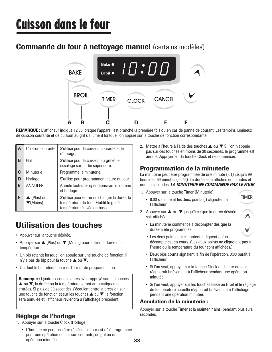 Cuisson dans le four, Commande du four à nettoyage manuel, Utilisation des touches | Certains modèles), Réglage de l’horloge, Programmation de la minuterie | Maytag JW9633 User Manual | Page 34 / 80