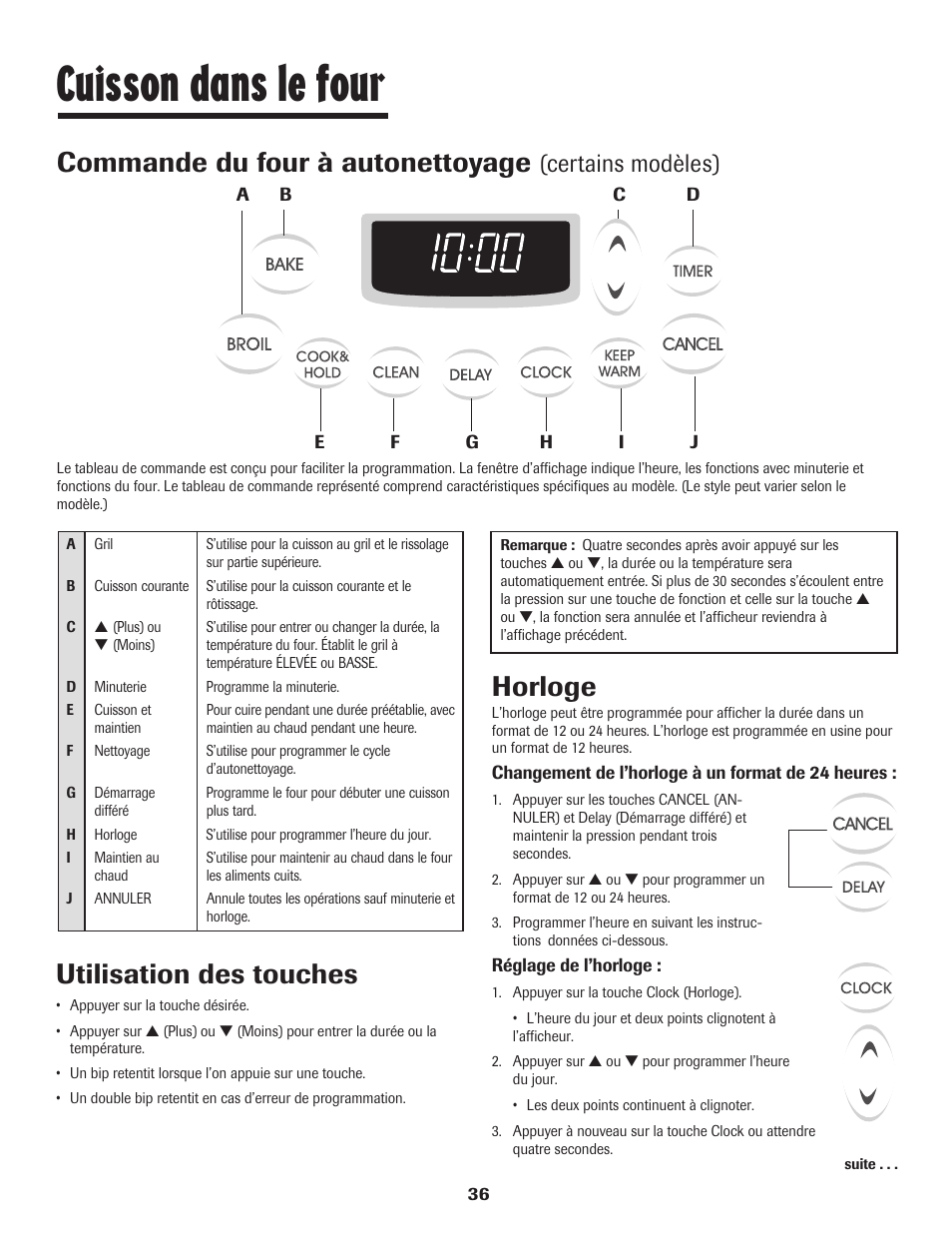 Cuisson dans le four, Horloge, Commande du four à autonettoyage | Utilisation des touches, Certains modèles) | Maytag JW9633 User Manual | Page 37 / 80