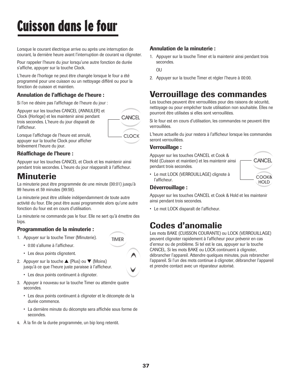 Cuisson dans le four, Minuterie, Verrouillage des commandes | Codes d’anomalie | Maytag JW9633 User Manual | Page 38 / 80