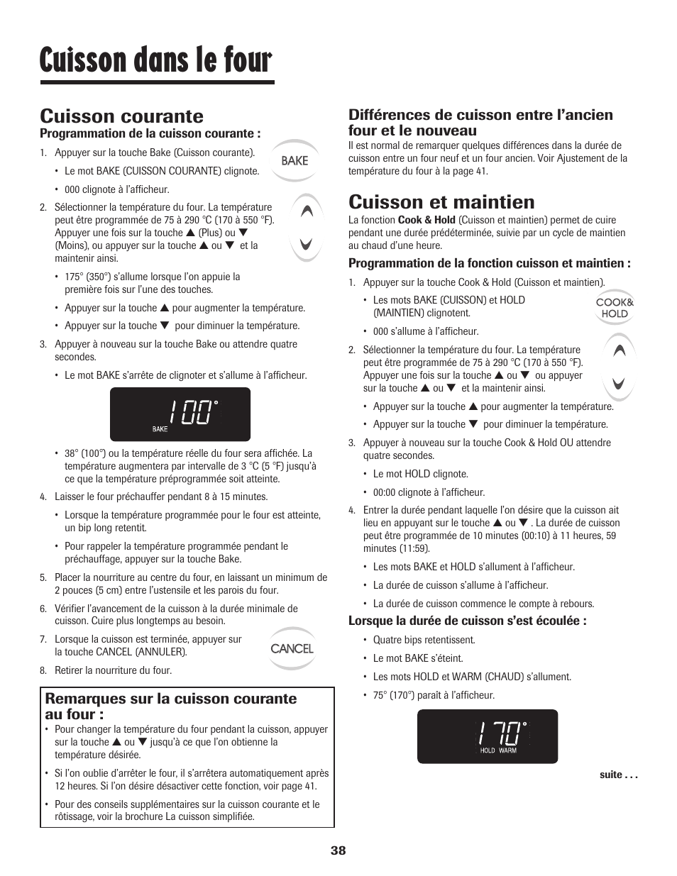 Cuisson dans le four, Cuisson et maintien, Cuisson courante | Remarques sur la cuisson courante au four | Maytag JW9633 User Manual | Page 39 / 80