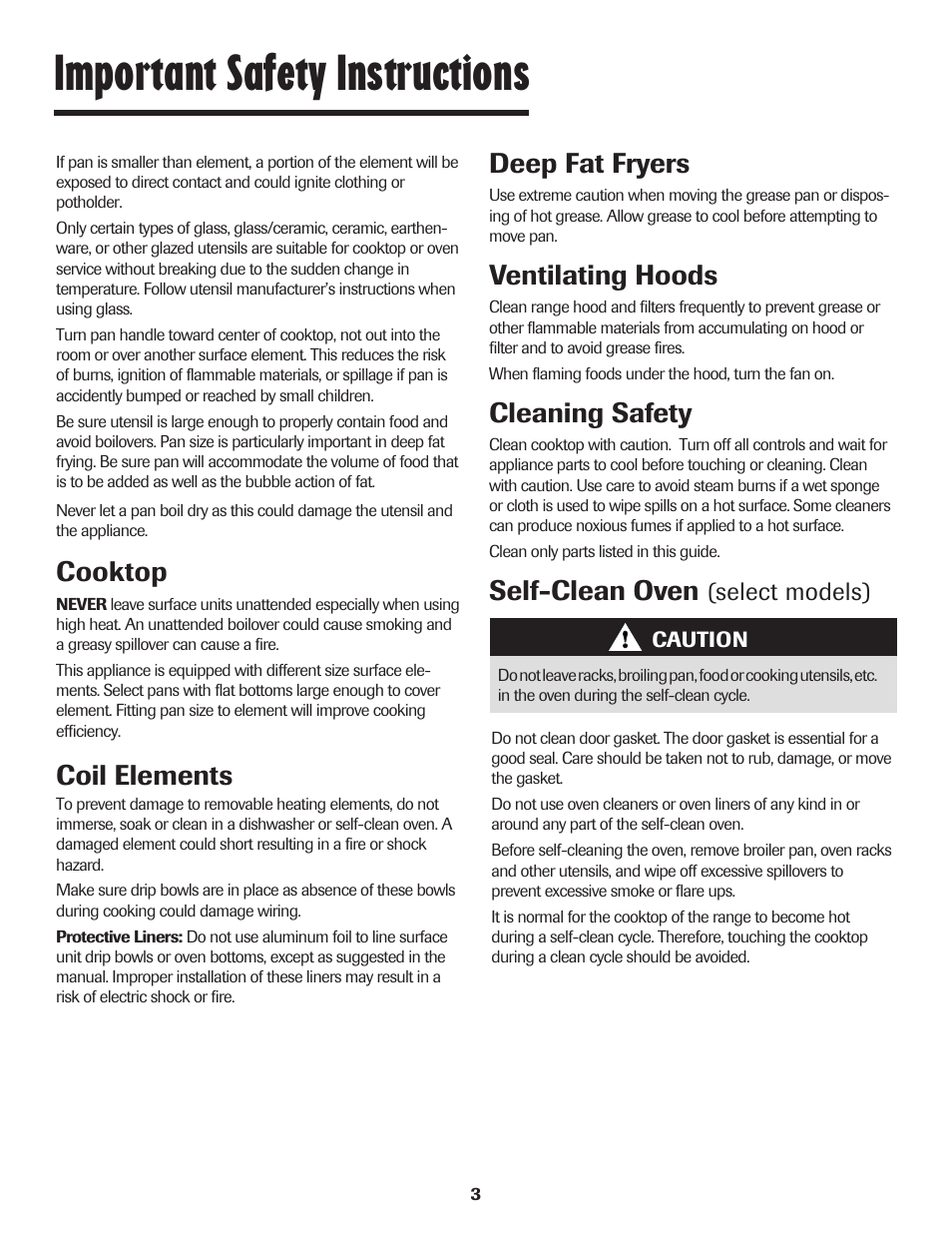 Important safety instructions, Deep fat fryers, Ventilating hoods | Cleaning safety, Self-clean oven, Cooktop, Coil elements | Maytag JW9633 User Manual | Page 4 / 80