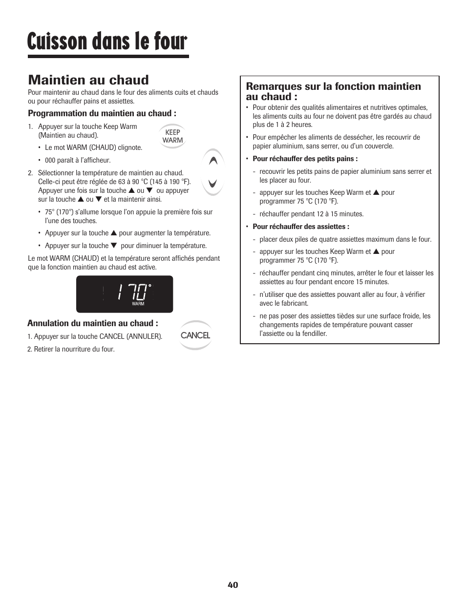 Cuisson dans le four, Maintien au chaud, Remarques sur la fonction maintien au chaud | Maytag JW9633 User Manual | Page 41 / 80
