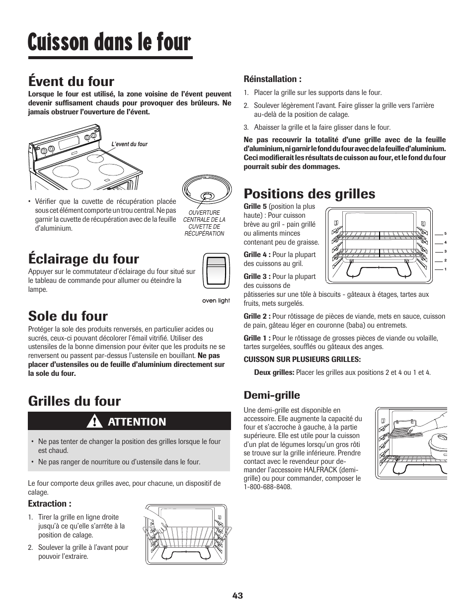 Cuisson dans le four, Éclairage du four, Sole du four | Évent du four, Grilles du four, Positions des grilles | Maytag JW9633 User Manual | Page 44 / 80